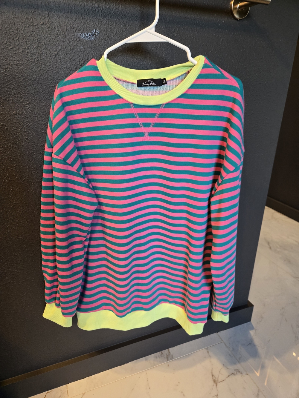 Bright Pink & Teal Striped Crewneck Sweater with Neon Trim